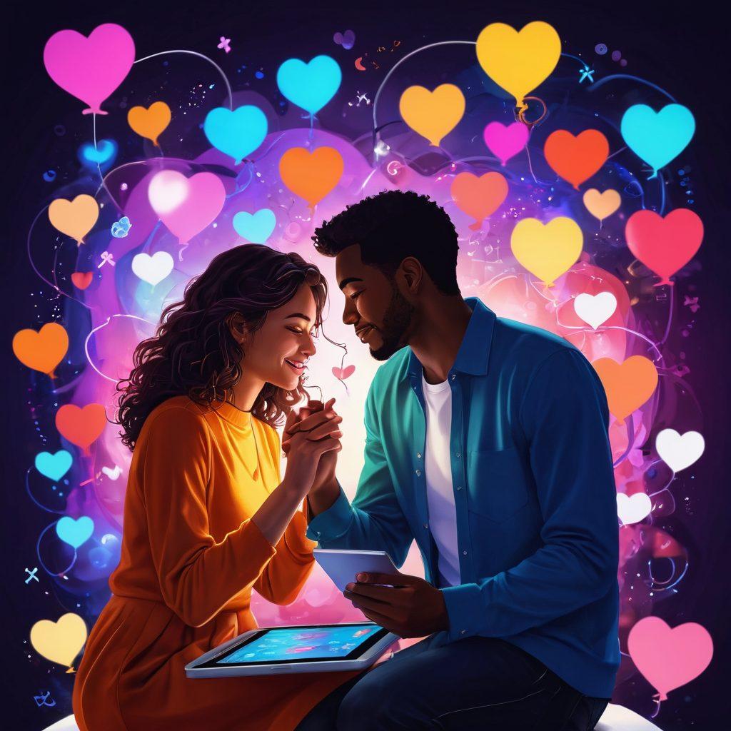 A warm, inviting scene depicting a couple engaged in a playful conversation over a digital device, surrounded by symbols of connection like hearts and chat bubbles. The background features soft, glowing lights and elements that represent intimacy, such as intertwined hands and abstract representations of emotions. The overall atmosphere should evoke a sense of closeness and excitement in modern relationships. vibrant colors. contemporary art style.