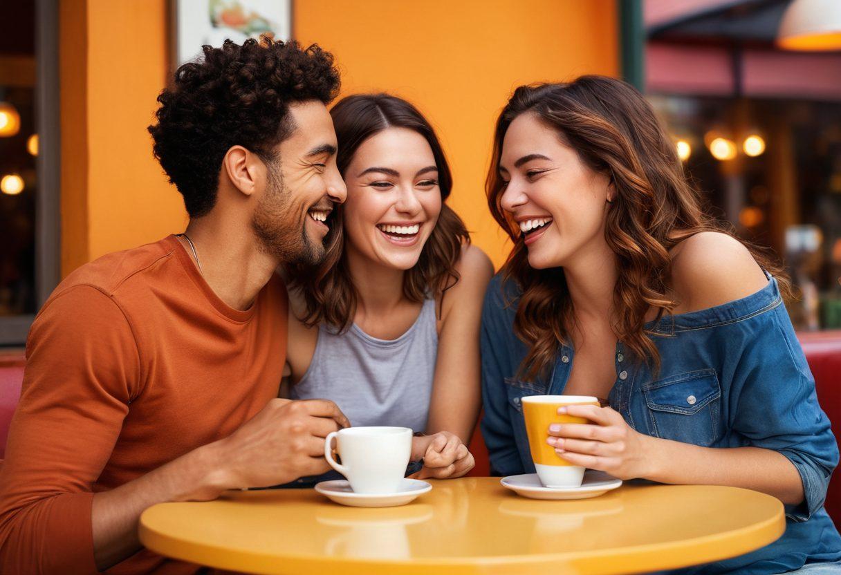 A vibrant and dynamic composition featuring diverse pairs of people laughing and engaging in casual, intimate settings, surrounded by warm, inviting colors that convey a sense of connection and passion. Include cozy coffee shop scenes, playful outdoor settings, and subtle romantic gestures to illustrate the theme of casual hookups and deeper connections. super-realistic. vibrant colors. warm background.