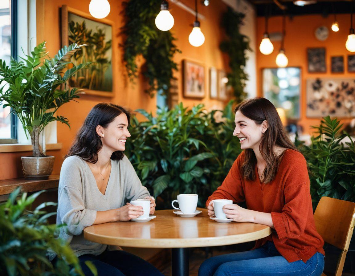 A cozy cafe scene depicting two people engaged in a lively conversation, surrounded by plants and soft lighting, symbolizing casual yet meaningful connections. Elements of laughter and warmth in their expressions, with subtle hints of budding romance evident in their body language. Include coffee cups on the table and a backdrop of colorful art on the walls. soft focus. vibrant colors. warm atmosphere.
